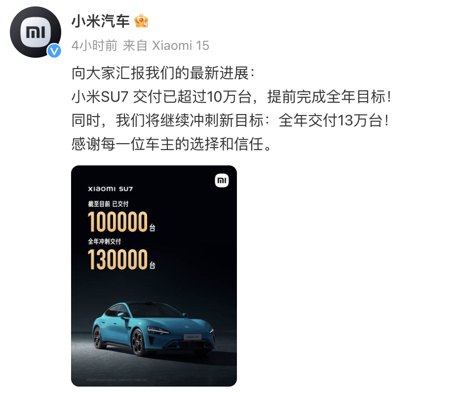 新车：第10万台小米SU7交付；比亚迪王朝网销量将破200万台；广汽明年将发布7款新车；领克推出Cyan蓝冠军同款车色